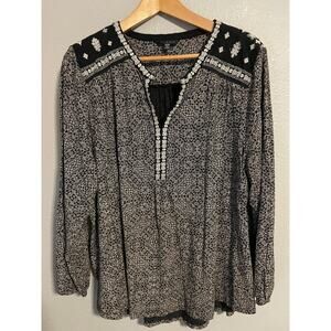 Lucky Brand Blouse Womens 3X Black White Embroidered Boho Peasant Tunic V Neck
